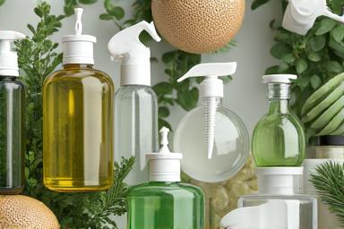 A collection of plant-based, eco-friendly cleaning supplies.
